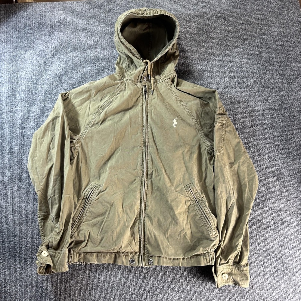 Polo Ralph Lauren Jacket Mens Small Green Cotton Windbreaker Hooded Full Zip